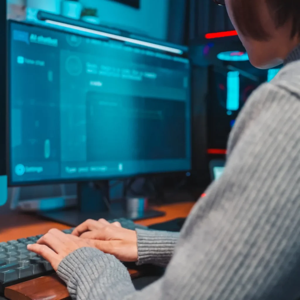 A person types on a black and orange mechanical keyboard in front of two monitors displaying code.